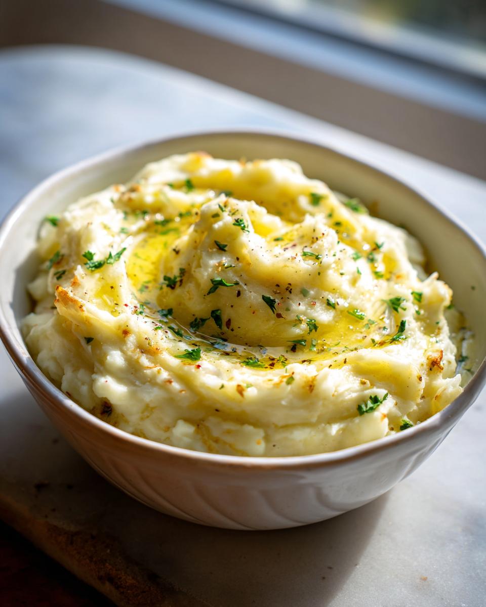 A bowl of creamy Truffle Garlic Butter Mashed Potatoes, garnished with herbs and melted butter.