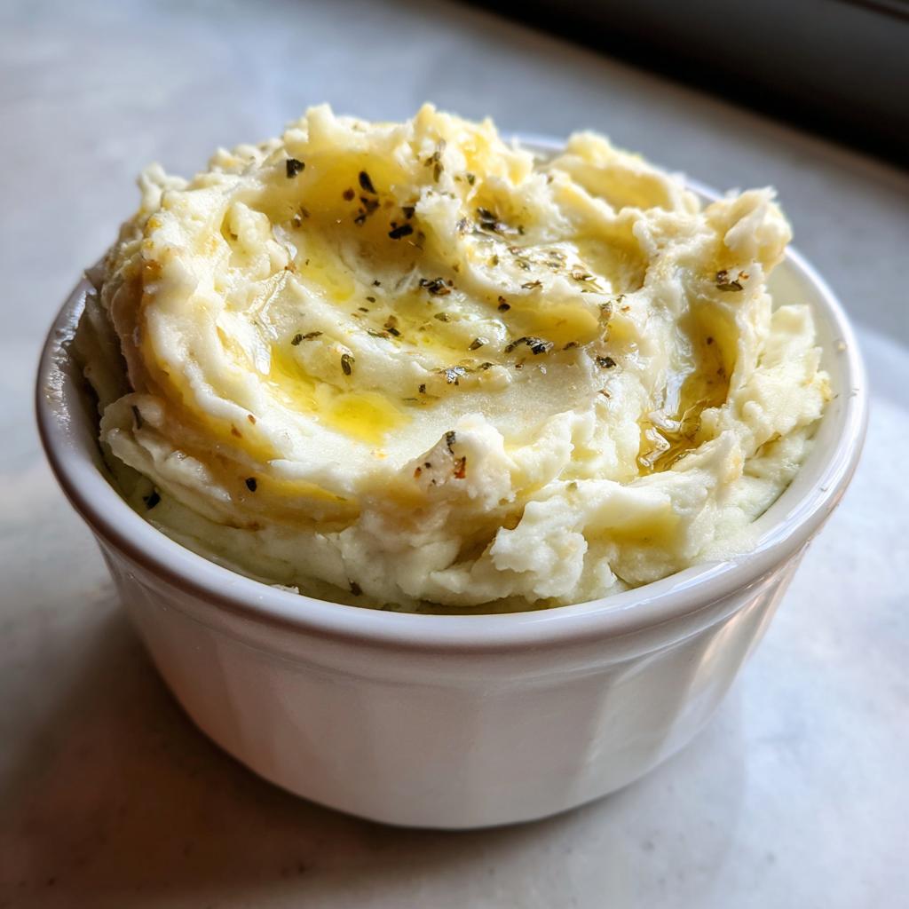 Bowl of creamy Truffle Garlic Butter Mashed Potatoes, drizzled with butter and herbs.