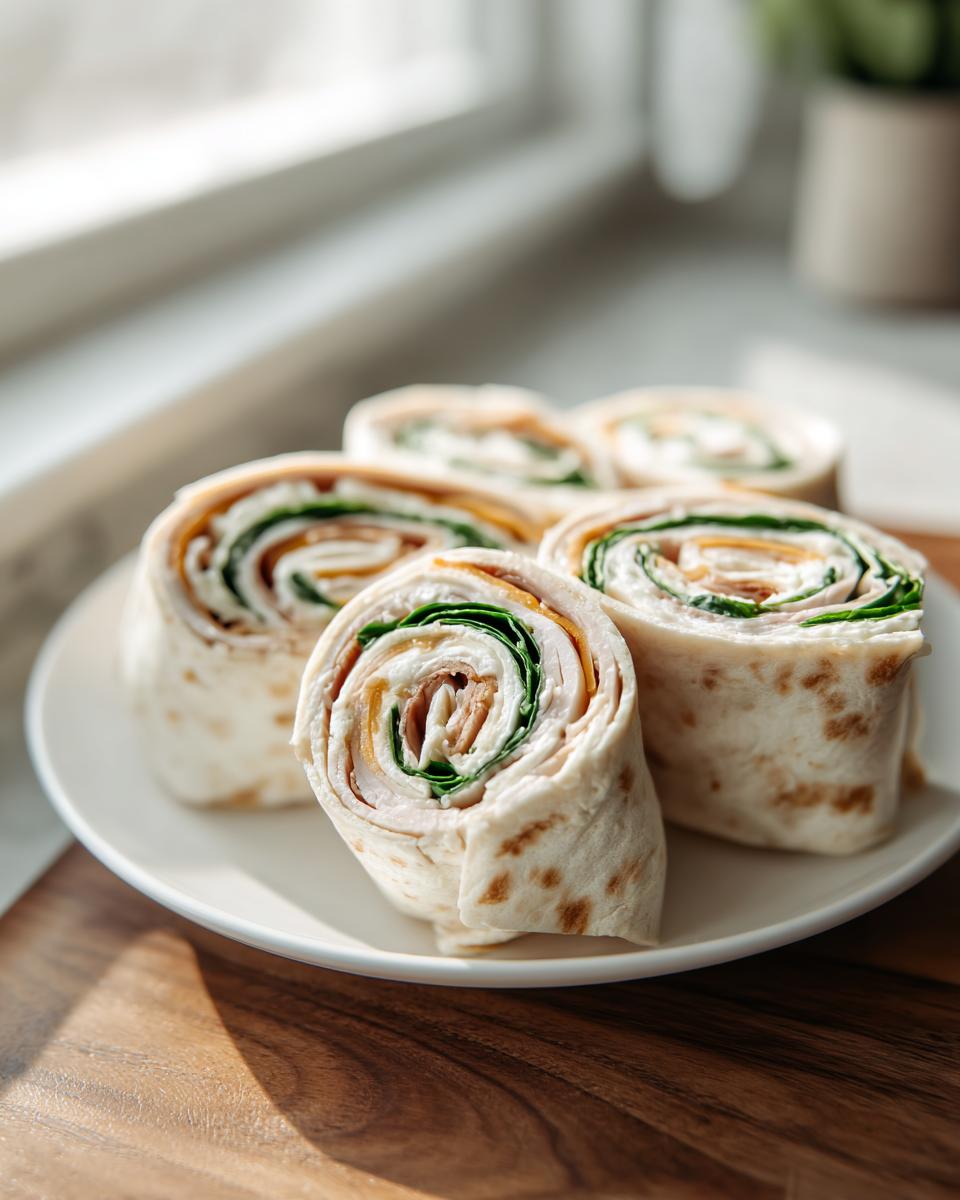 Close-up of delicious Turkey & Cheese Pinwheels on a white plate, showcasing layers of turkey, cheese, and greens.