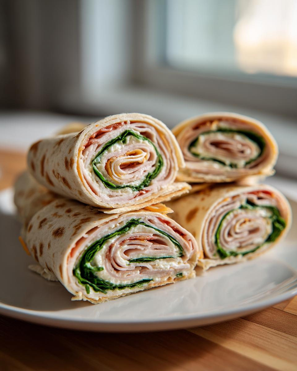 Close-up of delicious Turkey & Cheese Pinwheels, showcasing layers of turkey, cheese, and greens rolled in a tortilla.