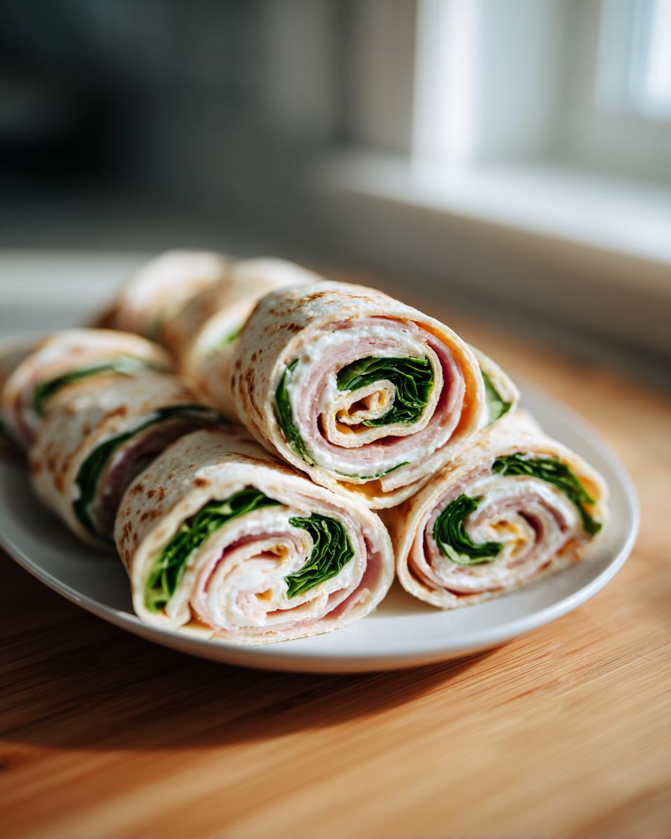 Close-up of delicious Turkey & Cheese Pinwheels stacked on a white plate, showcasing layers of turkey, cheese, and lettuce.