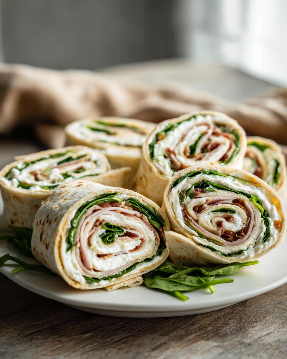 Close-up of delicious Turkey & Cheese Pinwheels rolled with cream cheese, turkey, and spinach on a white plate.