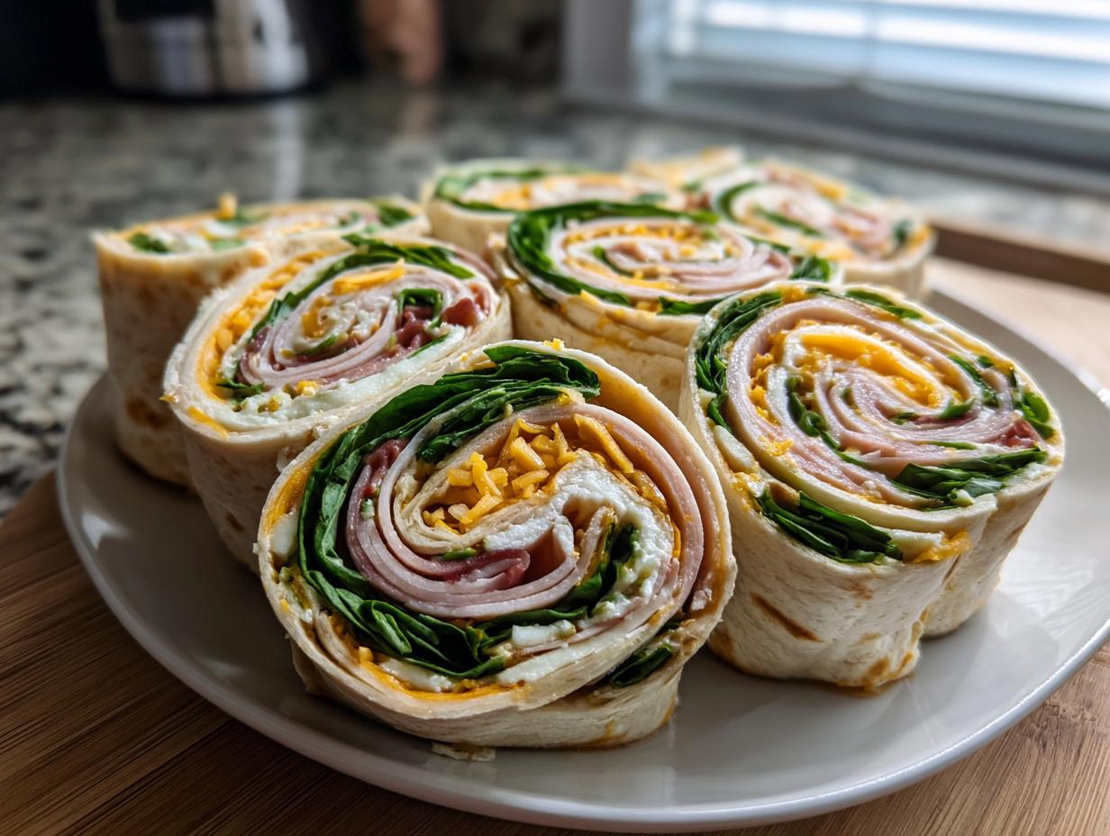 A plate full of delicious Turkey & Cheese Pinwheels, showcasing layers of turkey, cheese, and spinach rolled in tortillas.