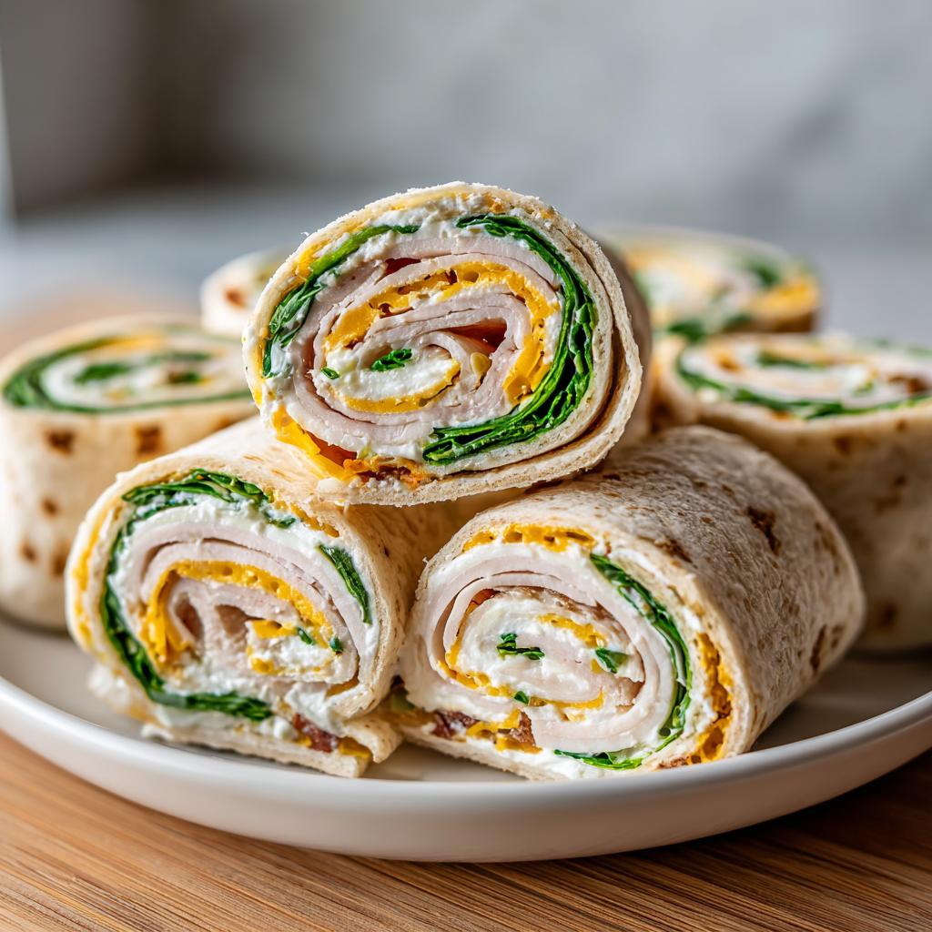 Close-up of a stack of Turkey & Cheese Pinwheels, showing layers of turkey, cheese, lettuce, and cream cheese filling.