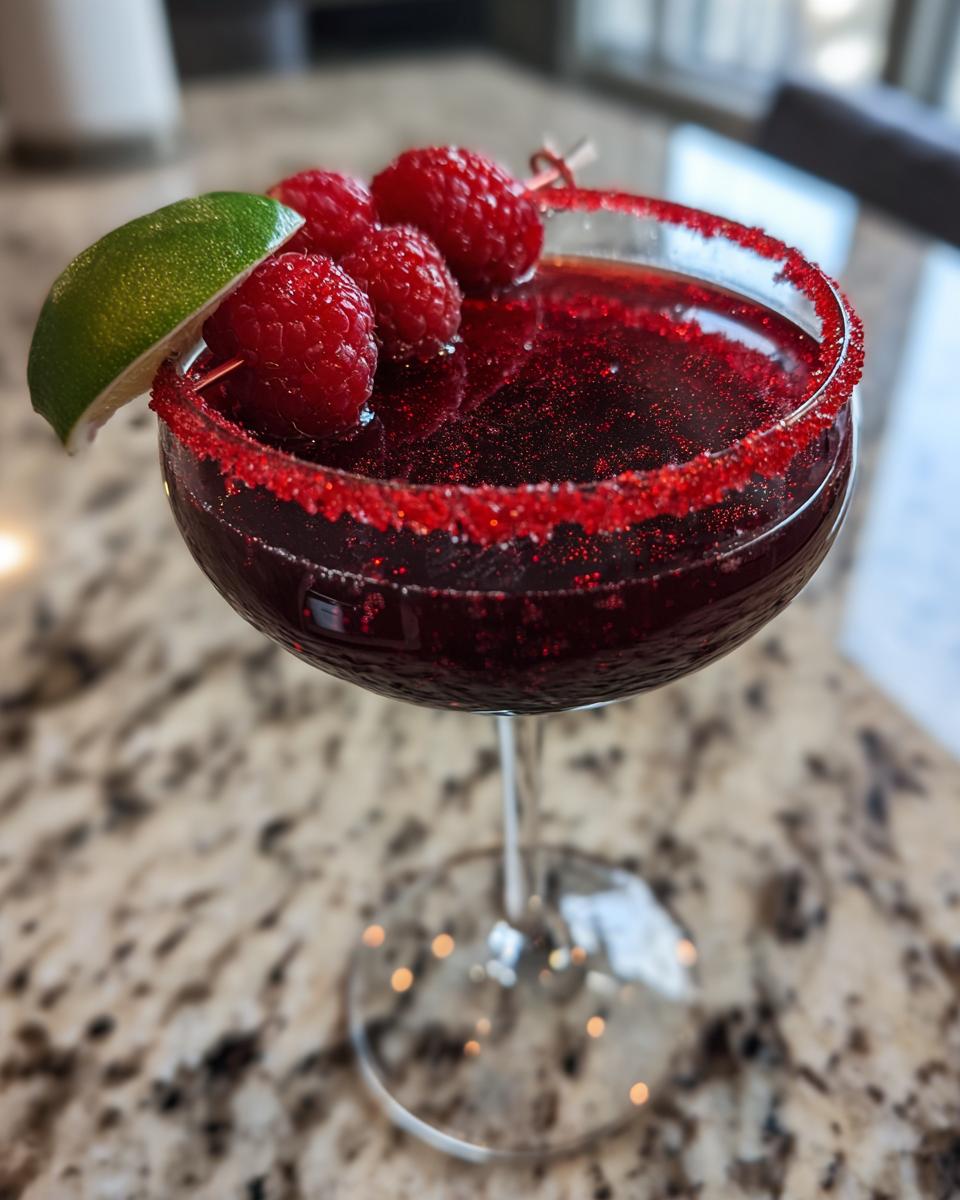 A festive Vampire's Kiss Martini cocktail in a coupe glass, rimmed with red sugar and garnished with fresh raspberries and a lime wedge.