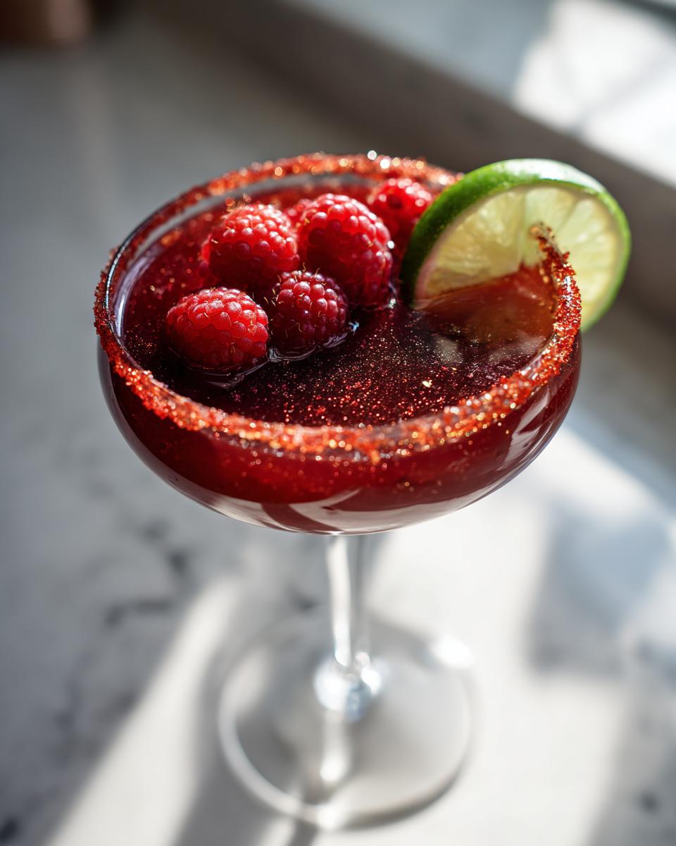 A festive Vampire's Kiss Martini garnished with fresh raspberries and a lime wheel, featuring a sparkling red rim.