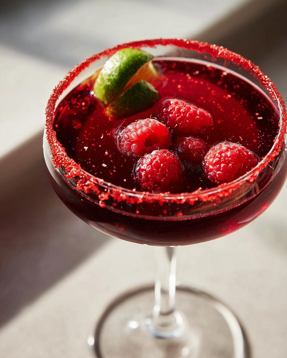 A spooky Vampire's Kiss Martini cocktail garnished with fresh raspberries and lime, rimmed with red sugar.