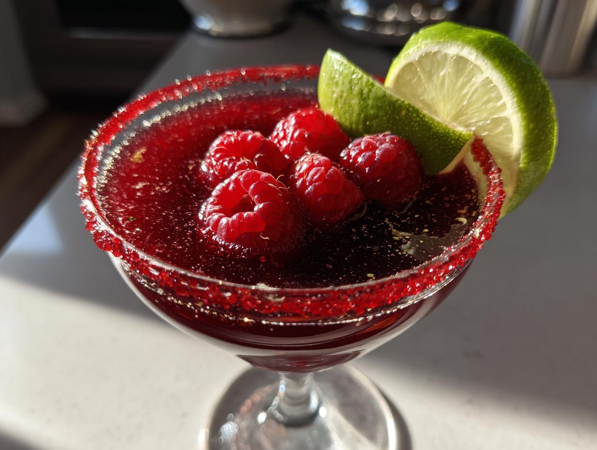 A festive Vampire's Kiss Martini cocktail garnished with fresh raspberries and lime wedges, with a red sugar rim.