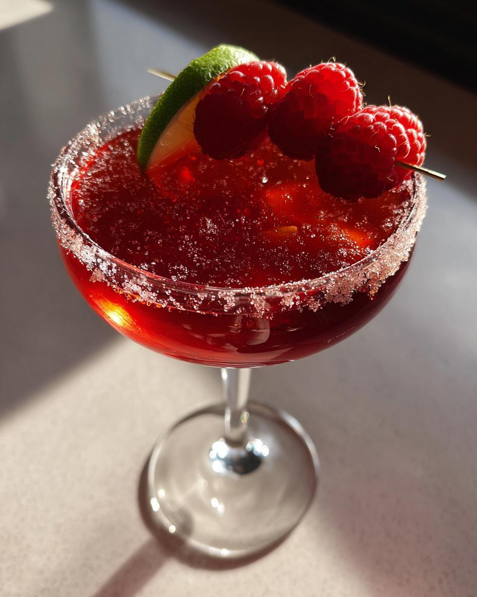 A festive Vampire's Kiss Martini garnished with fresh raspberries and a lime wedge, with a sugar-rimmed glass.
