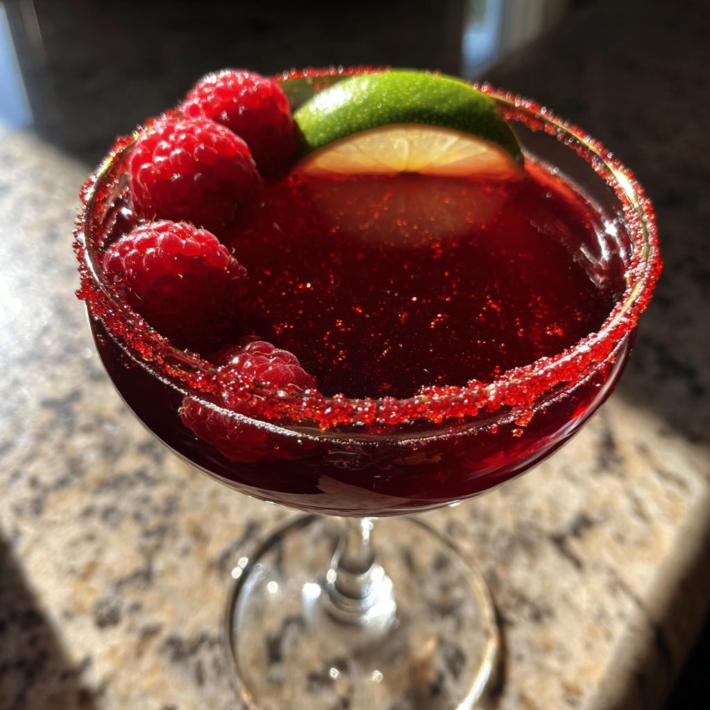 A close-up of a Vampire's Kiss Martini, featuring a deep red liquid, a sugar-rimmed glass with red sugar, fresh raspberries, and a lime wedge.