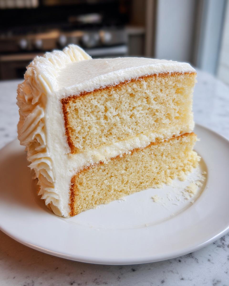 A slice of two-layer vanilla birthday cake ideas with white frosting on a white plate.