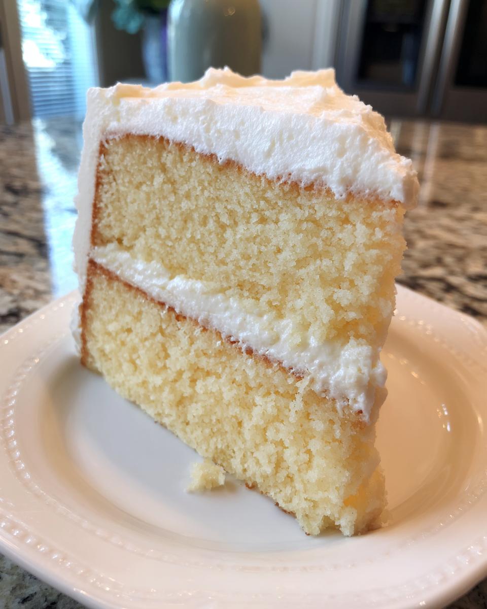 A slice of vanilla cake with white frosting, a simple birthday cake ideas for a celebration.