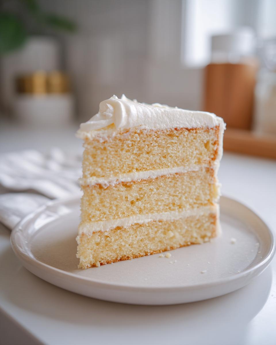 A delicious slice of vanilla birthday cake ideas, featuring three layers and creamy white frosting.