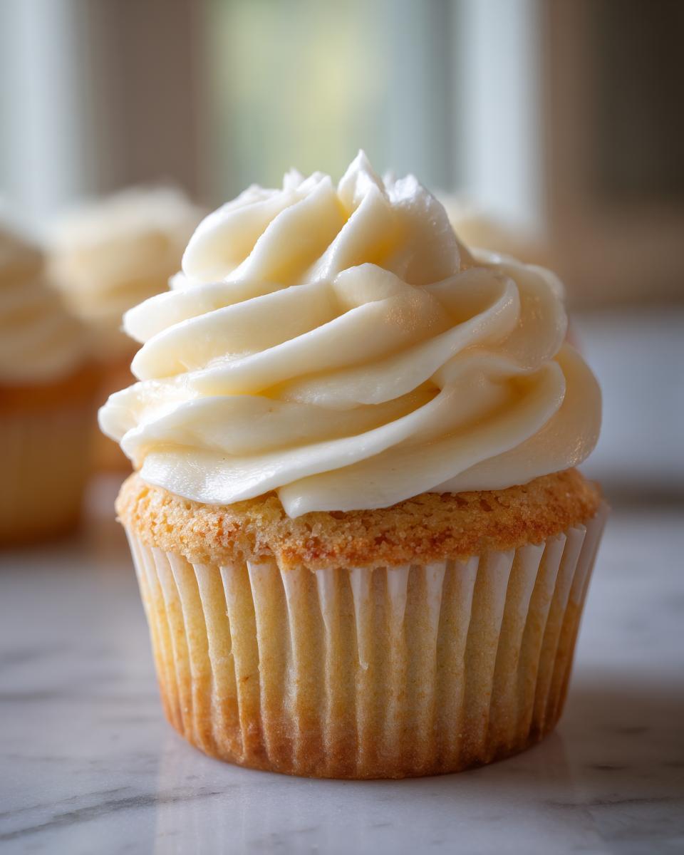 Close-up of a vanilla birthday cupcake with white frosting on a marble surface.