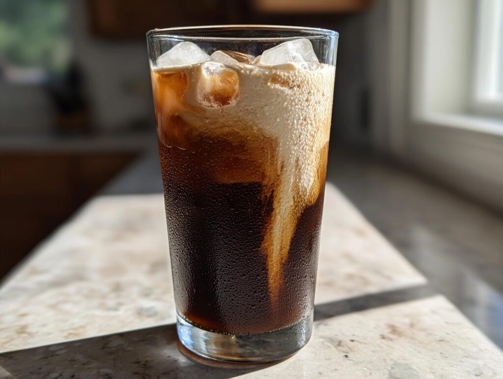 A tall glass filled with Vanilla Sweet Cream Cold Brew coffee, ice, and swirling cream.