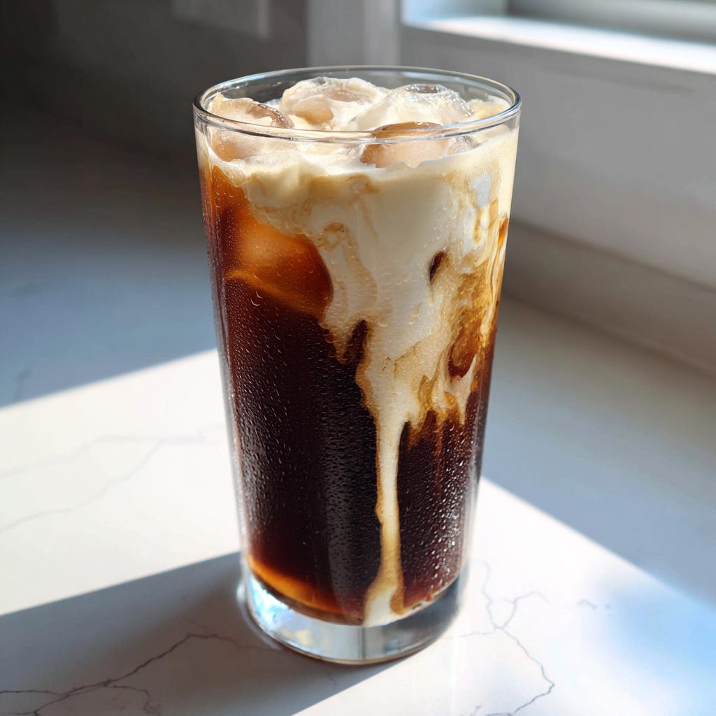 A tall glass filled with ice and dark cold brew coffee, topped with a swirl of creamy vanilla sweet cream.