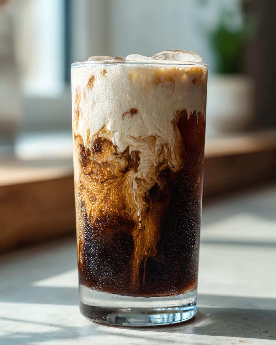 Close-up of a tall glass filled with Vanilla Sweet Cream Cold Brew coffee, showing the creamy swirls and ice.