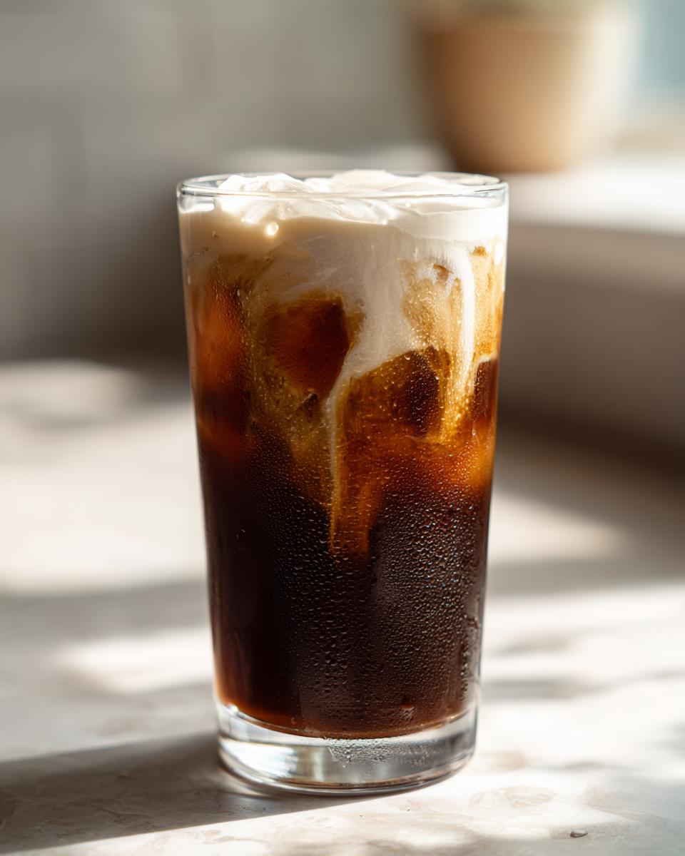 A tall glass filled with Vanilla Sweet Cream Cold Brew coffee, showing the rich dark coffee and creamy swirls.