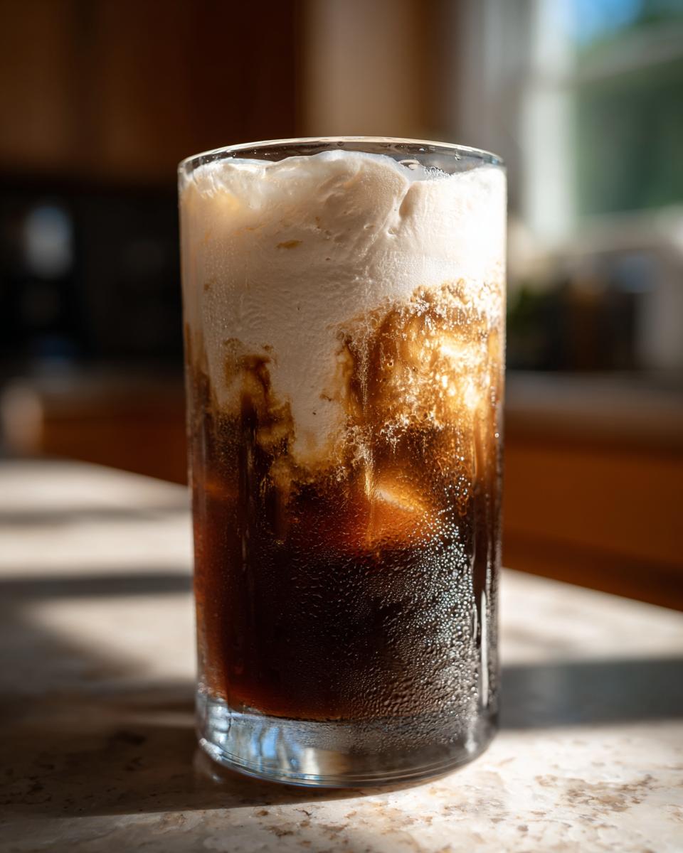 A tall glass of Vanilla Sweet Cream Cold Brew coffee with ice and a thick layer of sweet cream on top.