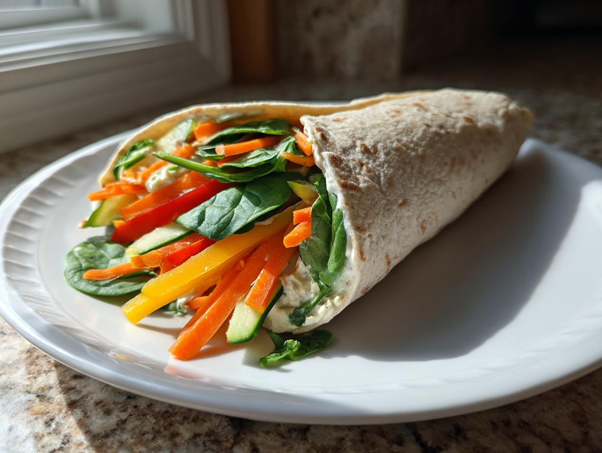 A close-up of a fresh Veggie Hummus Wrap filled with colorful vegetables like carrots, bell peppers, cucumber, and spinach.
