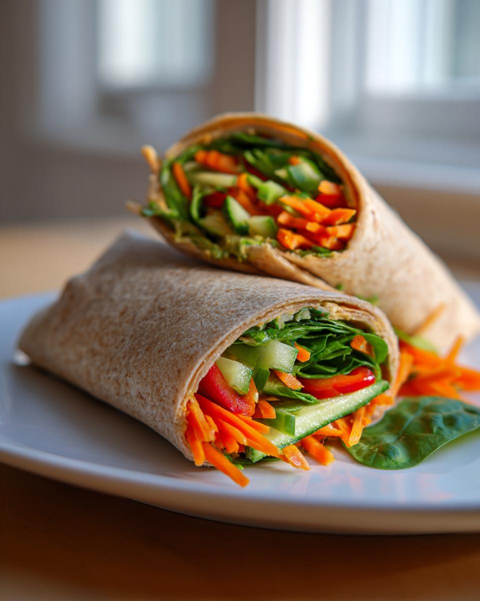 Two fresh Veggie Hummus Wraps filled with shredded carrots, cucumber, bell peppers, and spinach on a white plate.