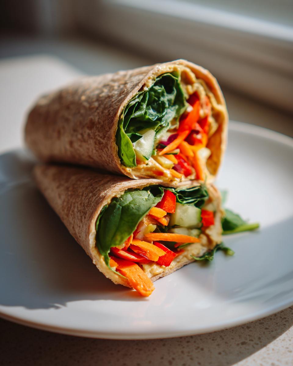 Two halves of a whole wheat wrap filled with hummus and fresh vegetables like spinach, carrots, cucumber, and bell peppers.