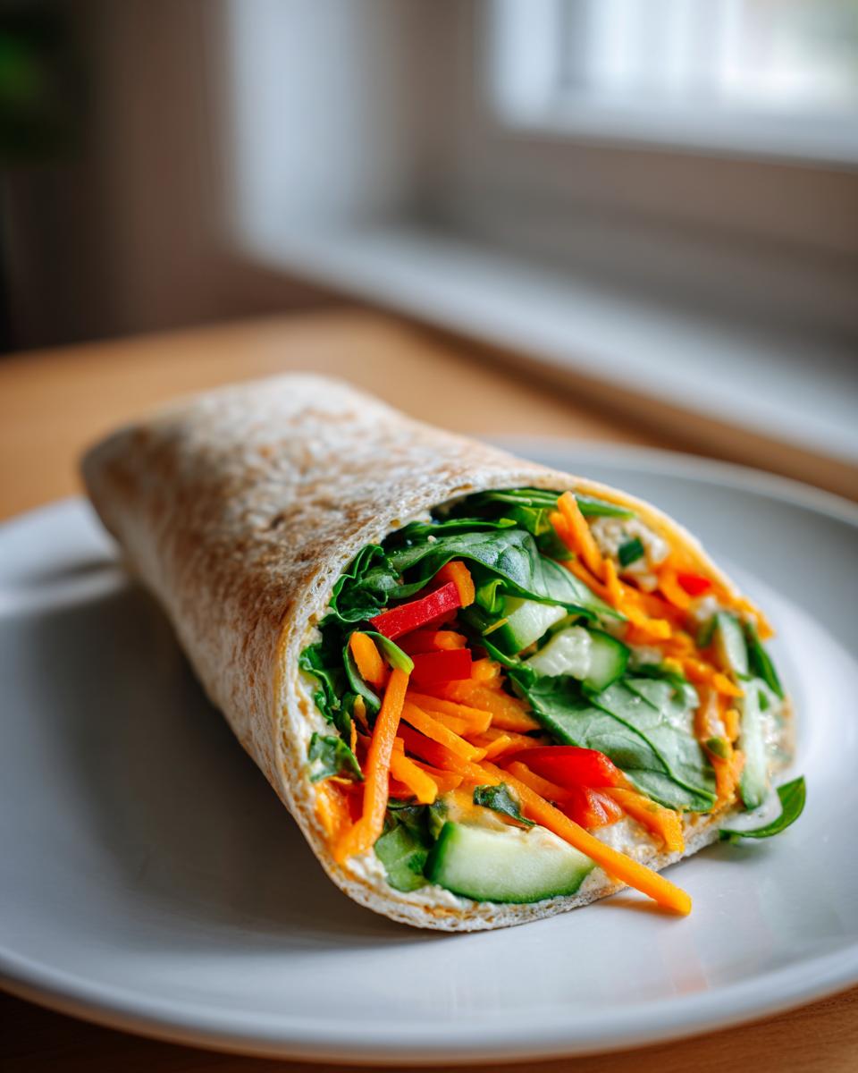 A delicious Veggie Hummus Wrap filled with fresh spinach, shredded carrots, cucumber, and red pepper.