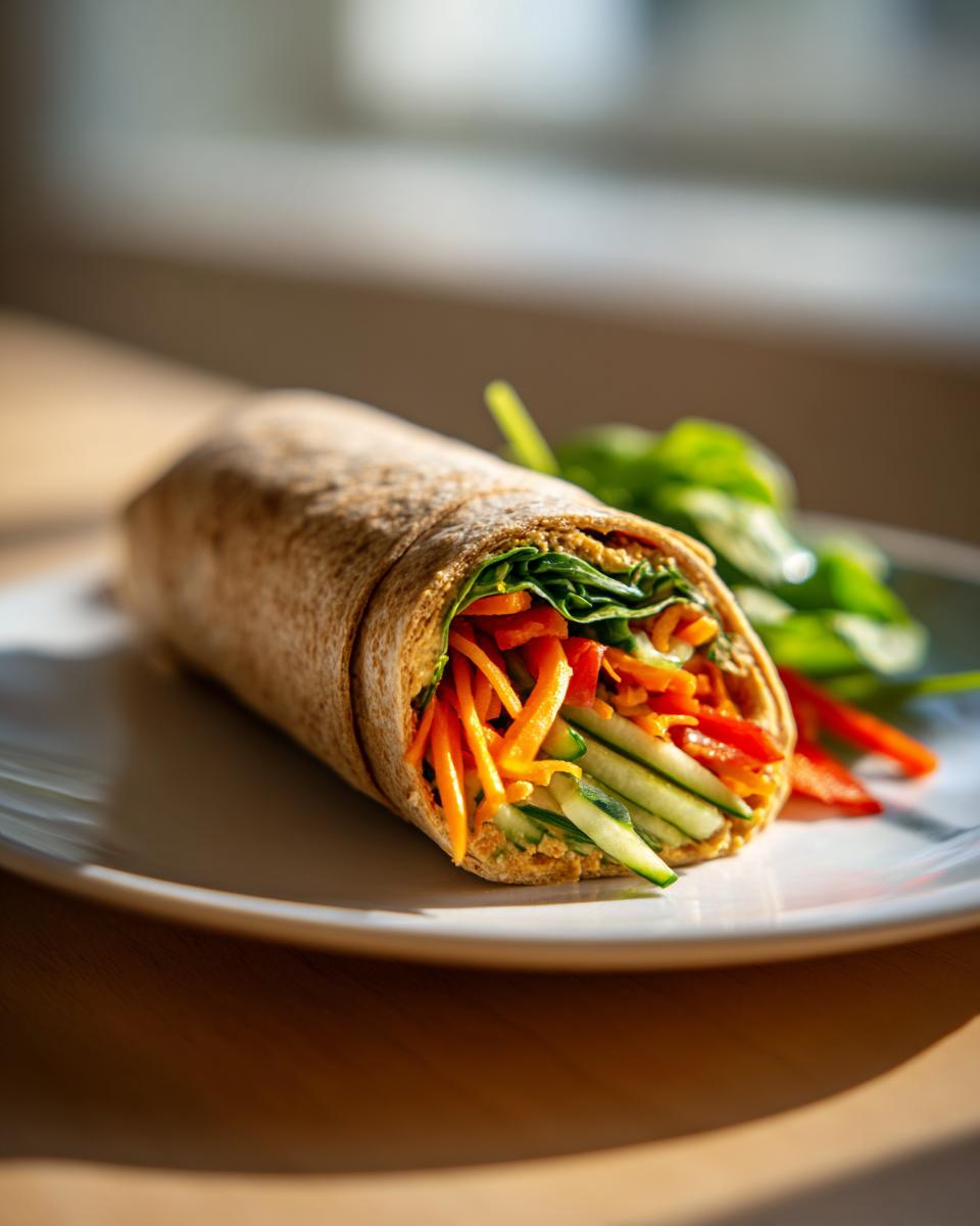 A whole wheat wrap filled with hummus, shredded carrots, cucumber, red bell pepper, and spinach. Served with a side of greens.
