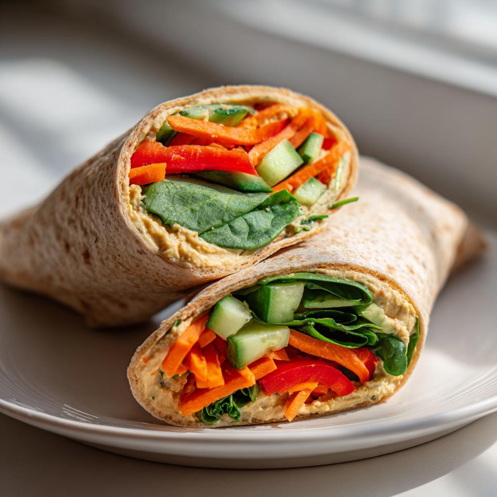 Close-up of two halves of Veggie Hummus Wraps filled with hummus, spinach, carrots, cucumber, and red pepper.