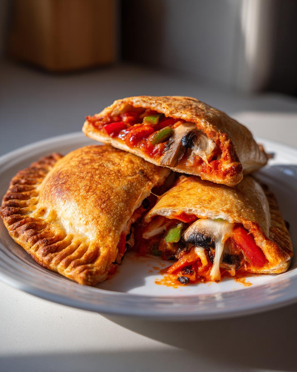 Close-up of two Veggie Supreme Pizza Pockets on a white plate, one cut in half revealing melted cheese and vegetables.