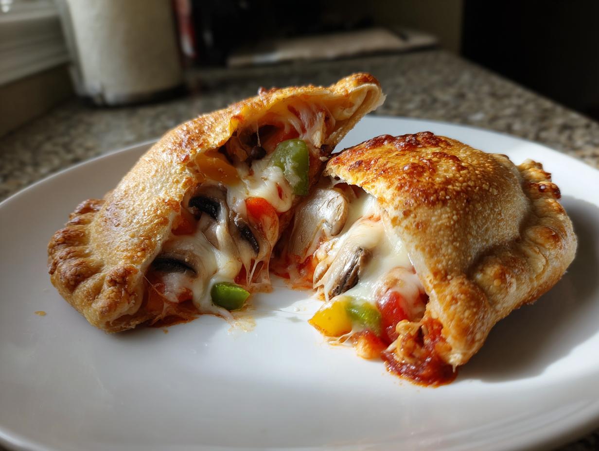 A close-up of a halved Veggie Supreme Pizza Pocket, overflowing with melted cheese, mushrooms, and bell peppers.
