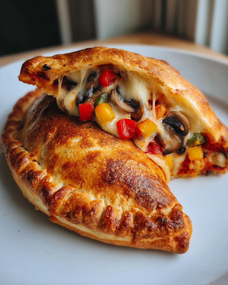 Close-up of a Veggie Supreme Pizza Pocket cut in half, revealing melted cheese and colorful vegetables.