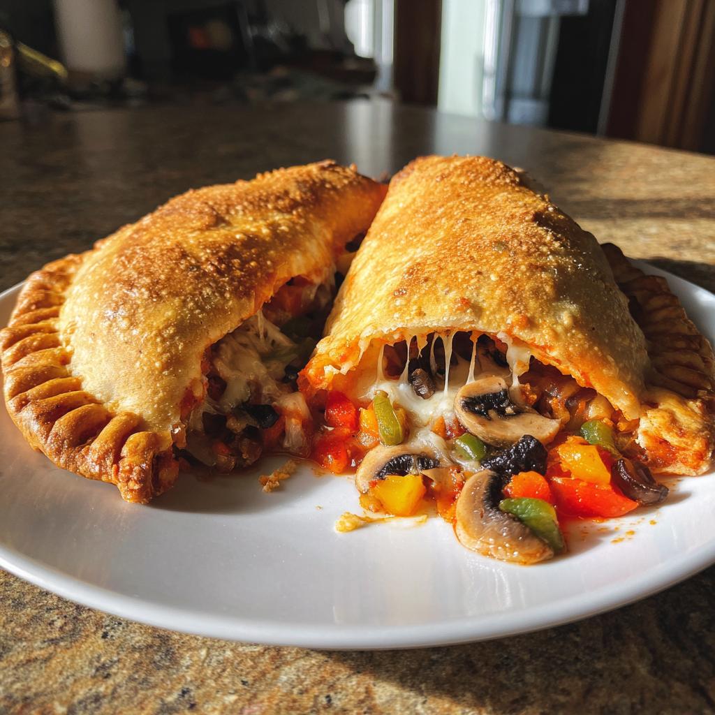 A close-up of two Veggie Supreme Pizza Pockets, one cut in half, revealing melted cheese and colorful vegetables like mushrooms, peppers, and olives.