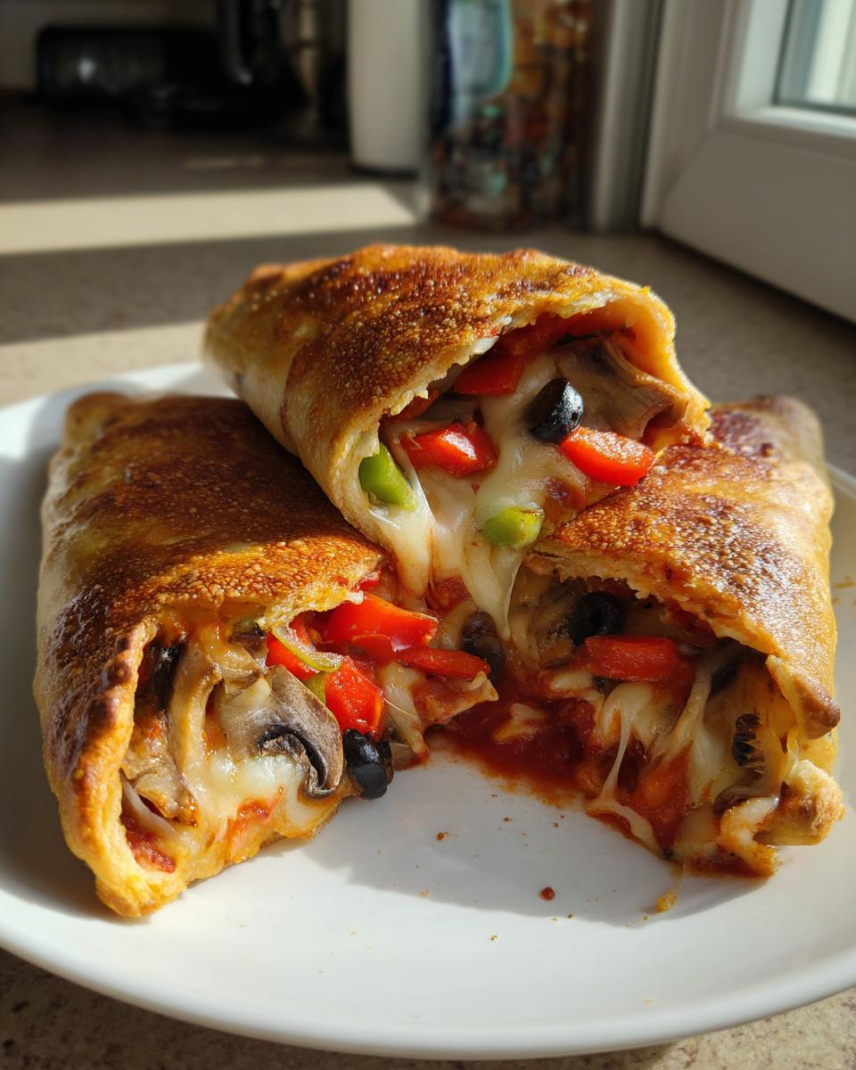 Close-up of two Veggie Supreme Pizza Pockets on a white plate, one cut open revealing melted cheese and colorful vegetables.