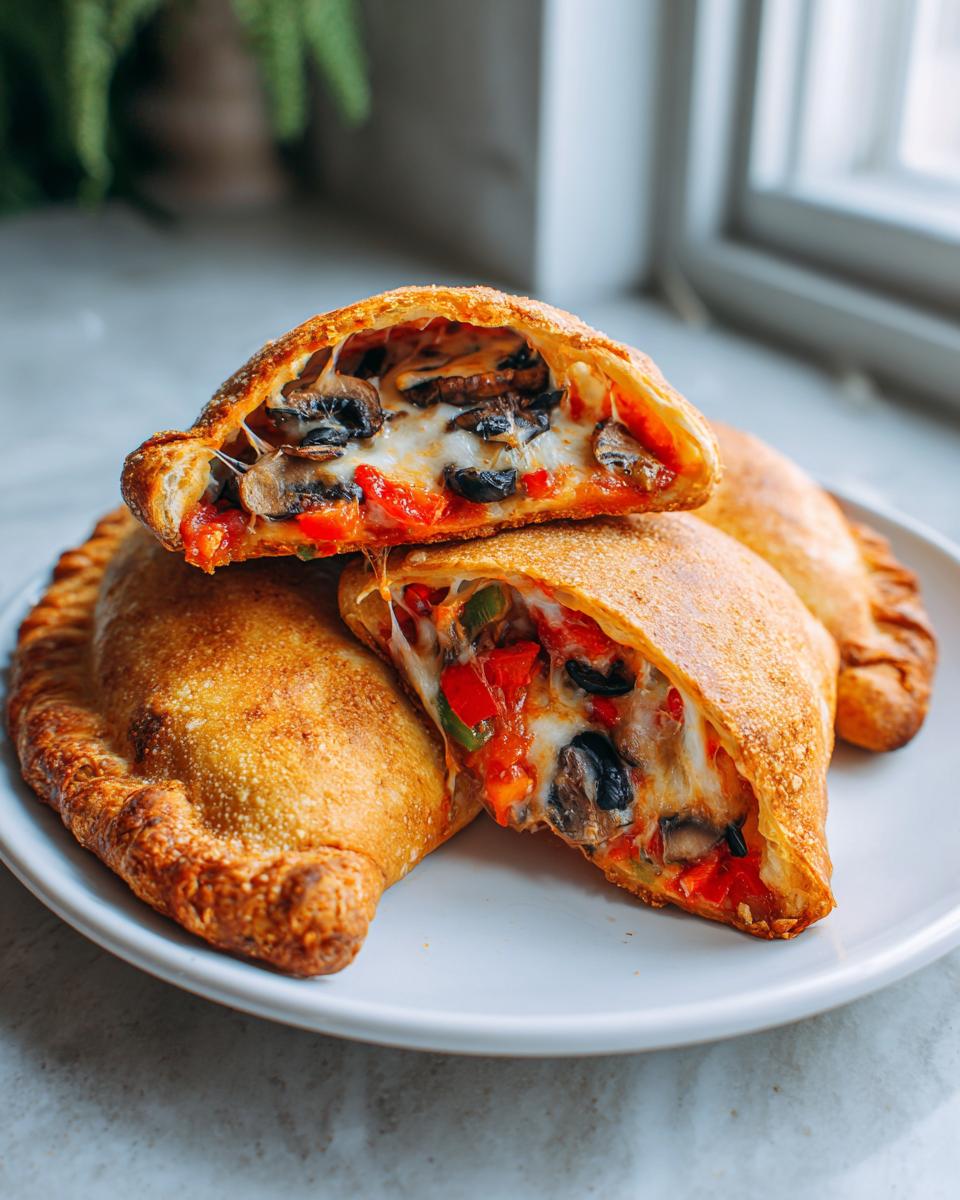 Close-up of two golden-brown Veggie Supreme Pizza Pockets on a white plate, one cut in half to reveal a cheesy, vegetable-filled interior.