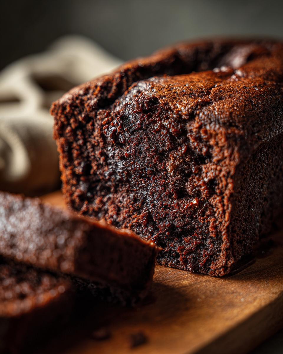 A close-up of a freshly baked chocolate wacky cake recipe loaf with a slice cut, sitting on a wooden board.