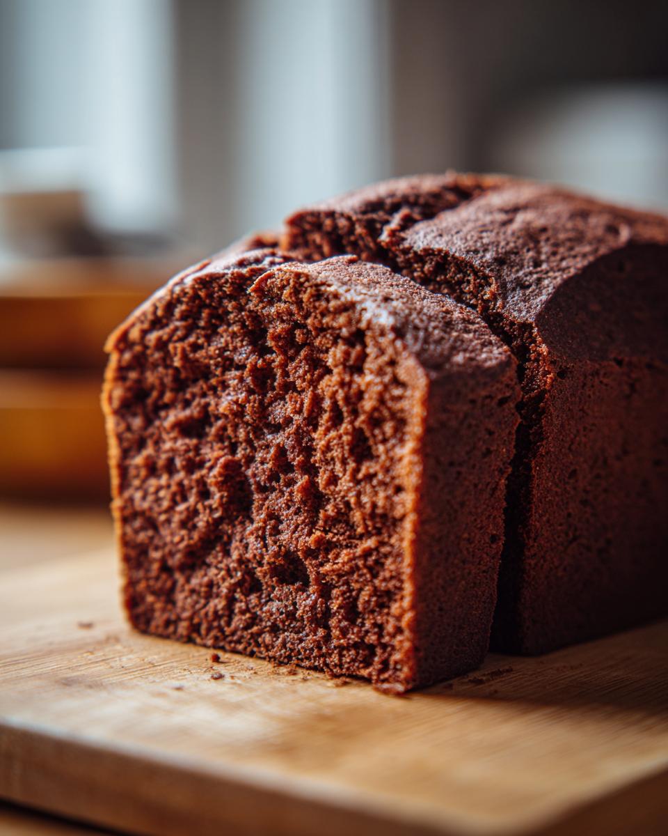 Close-up of a sliced loaf of chocolate wacky cake recipe on a wooden board.