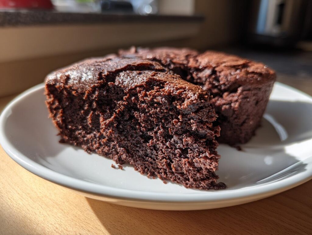 A slice of rich, chocolate wacky cake recipe on a white plate, showcasing its moist texture.