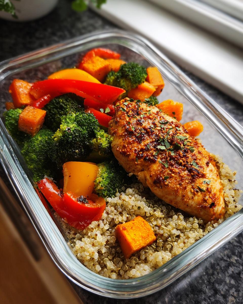 A simple weight loss meal prep idea: chicken breast with quinoa, broccoli, peppers, and sweet potato in a glass container.
