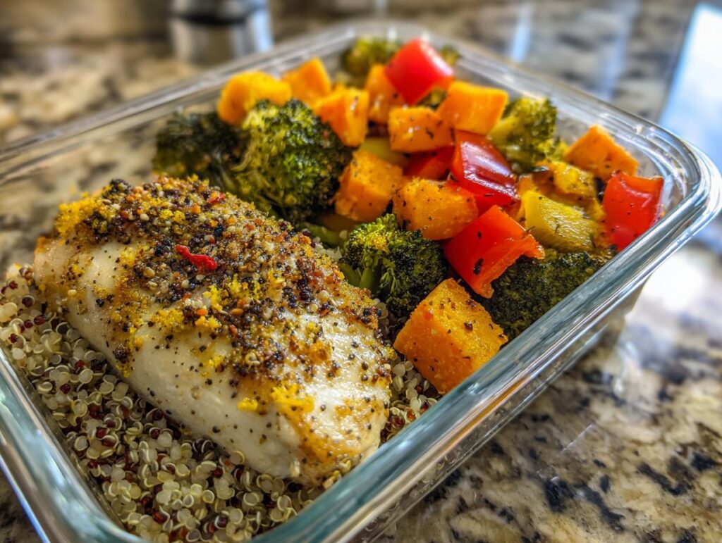 Prepared chicken breast with quinoa and roasted vegetables for simple weight loss meal prep.