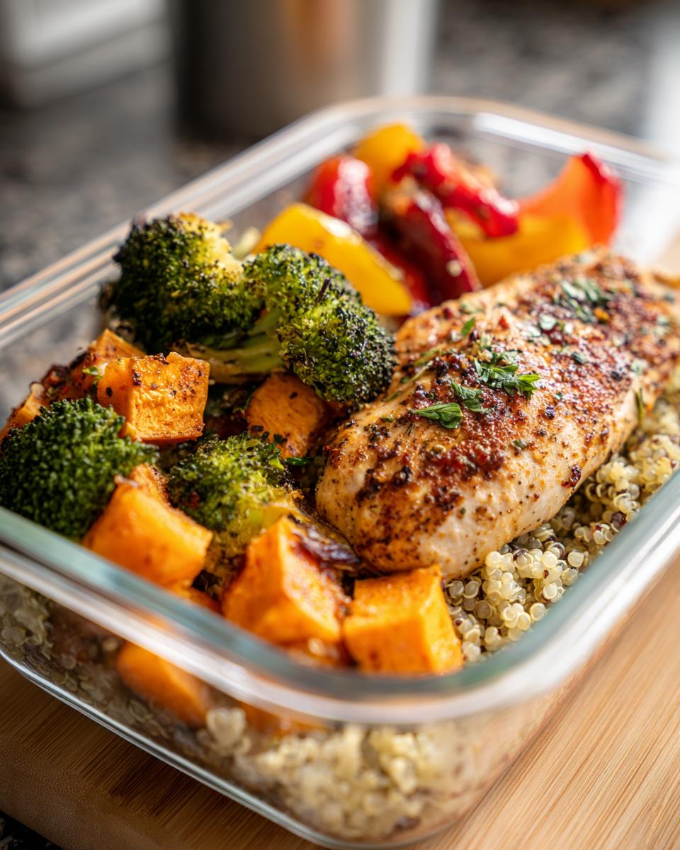 A prepared container featuring chicken breast, quinoa, broccoli, sweet potato, and peppers for Simple Weight Loss Meal Prep Ideas.