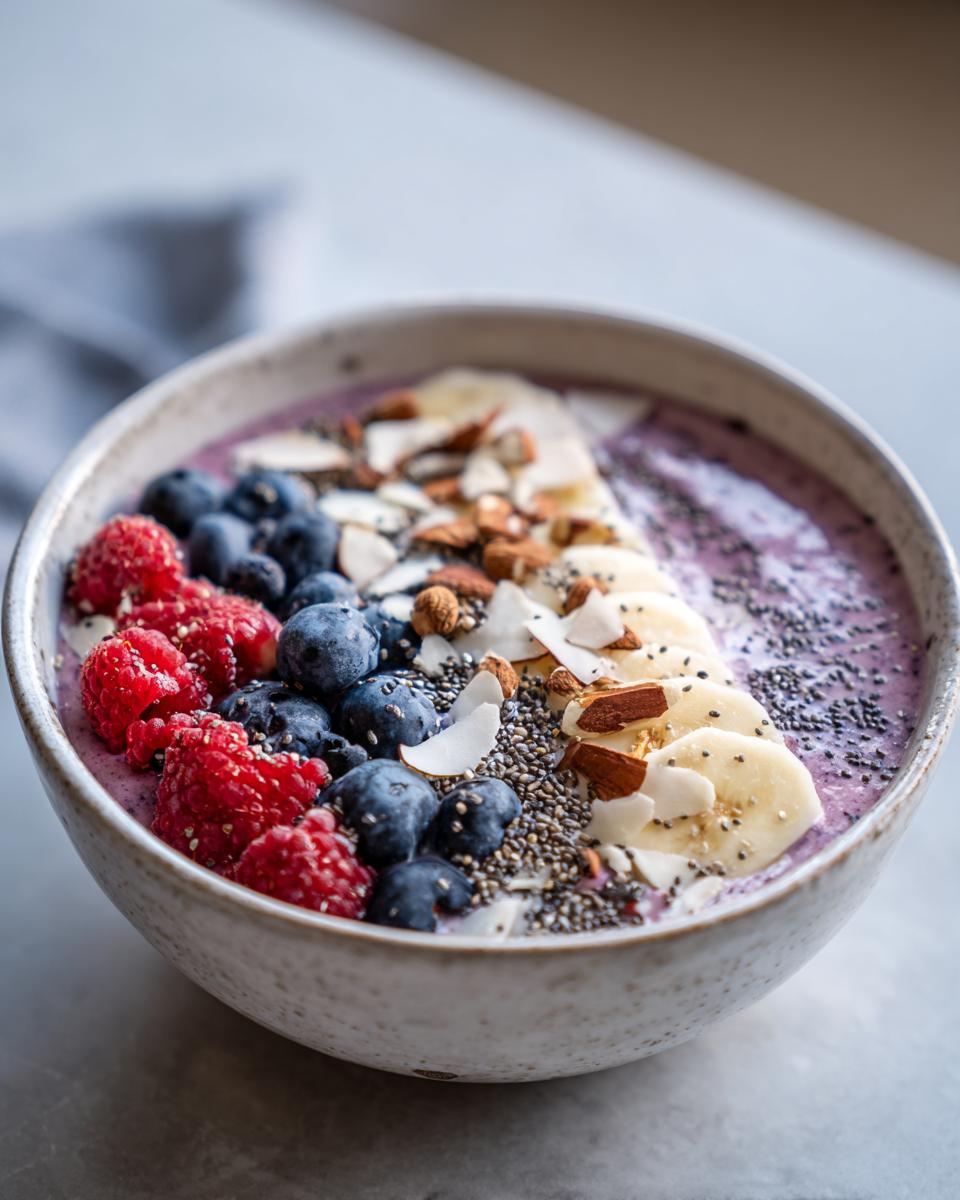 A vibrant weight loss smoothie bowl topped with raspberries, blueberries, banana slices, almonds, and chia seeds.