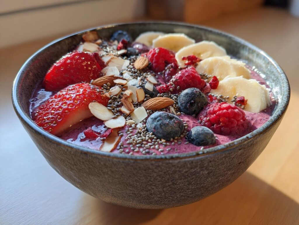 A vibrant Weight Loss Smoothie Bowl topped with strawberries, blueberries, raspberries, banana, almonds, and chia seeds.