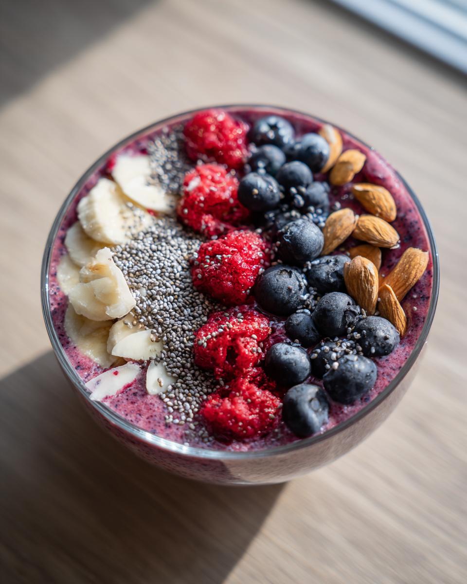 A vibrant Weight Loss Smoothie Bowl topped with raspberries, blueberries, banana slices, chia seeds, and almonds.