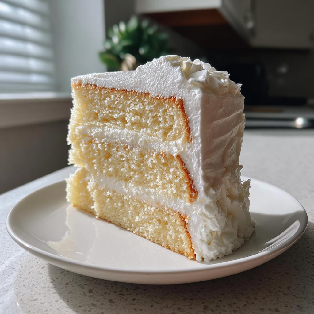 A slice of layered white birthday cake ideas with white frosting on a white plate, in a bright kitchen setting.