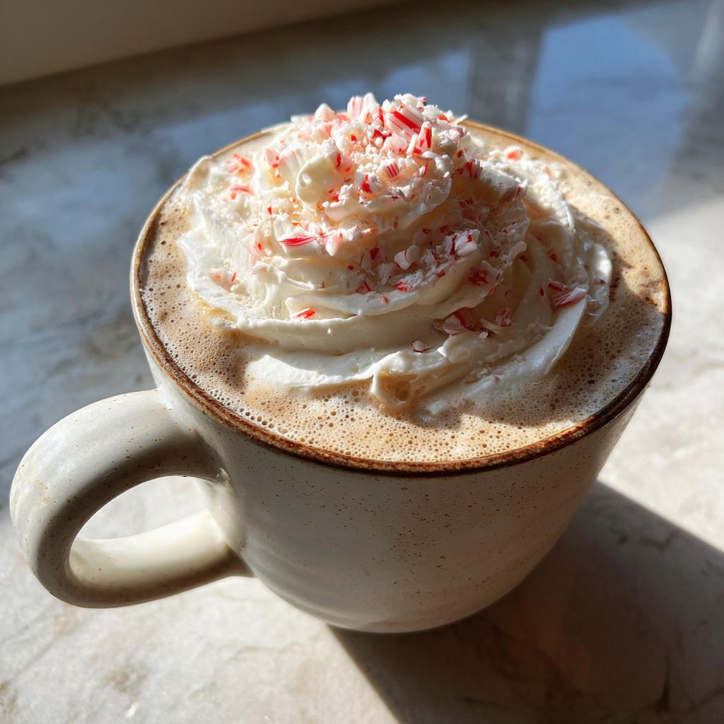 A close-up of a creamy White Chocolate Peppermint Mocha topped with whipped cream and crushed candy canes.