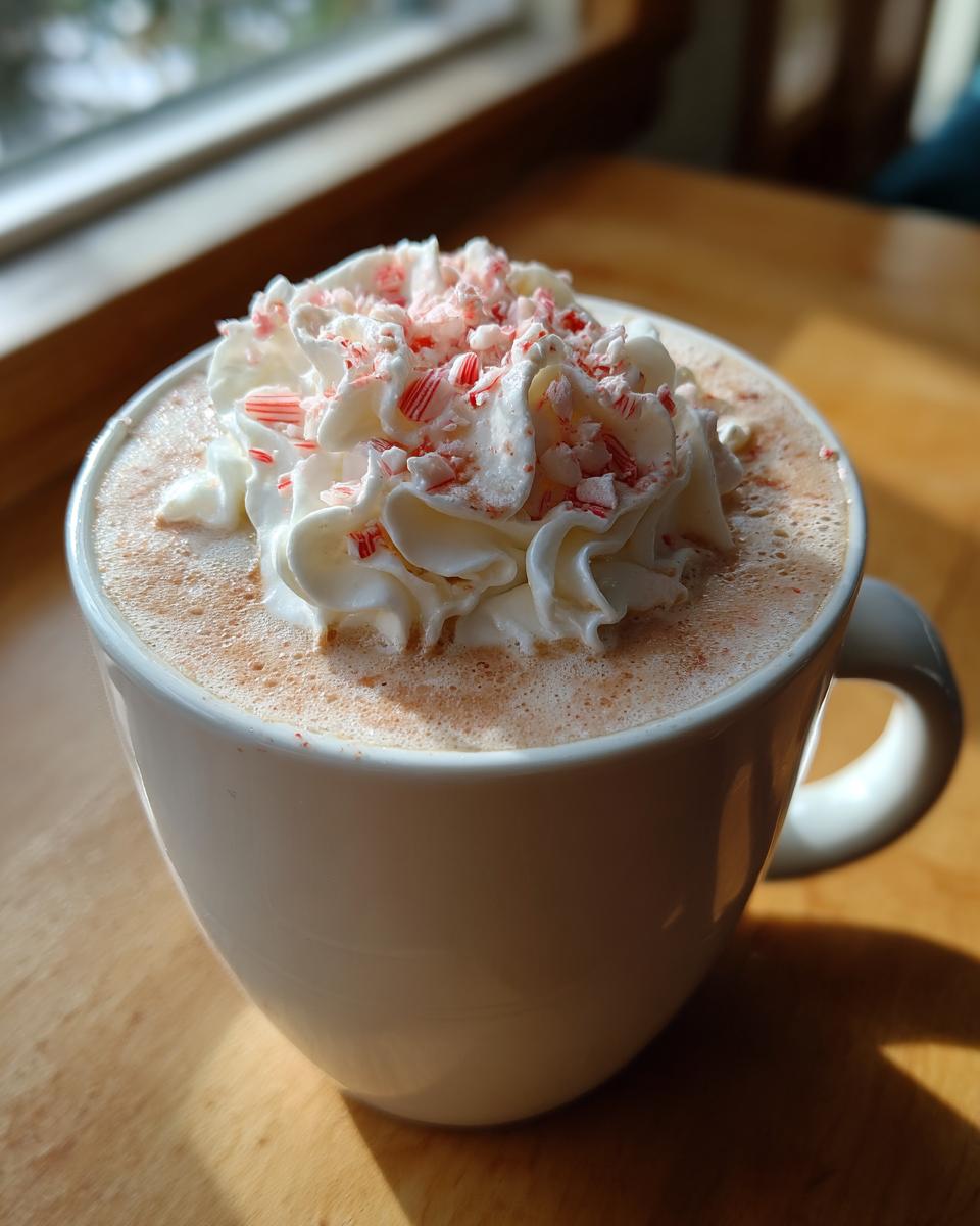 A close-up of a White Chocolate Peppermint Mocha coffee topped with whipped cream and crushed candy canes.