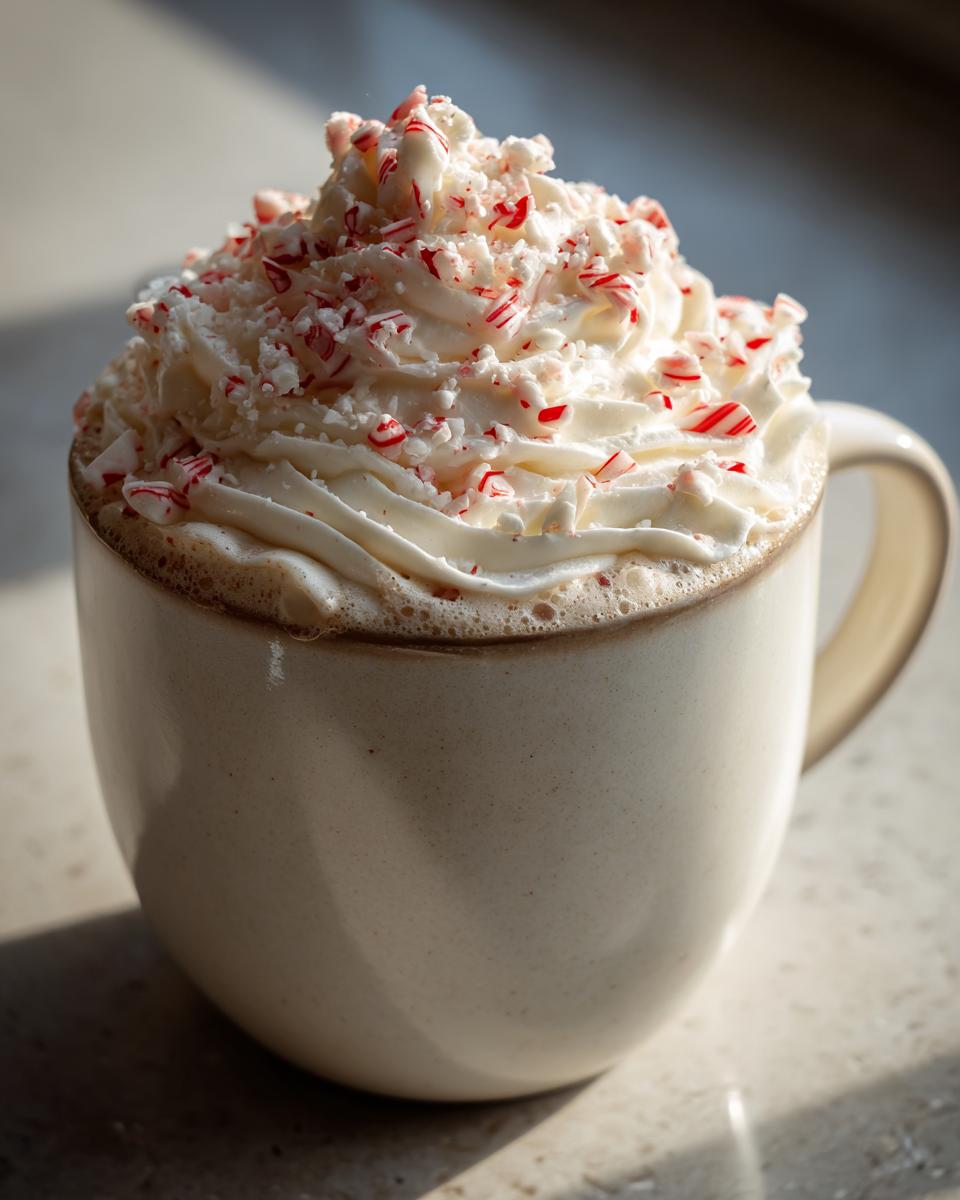 A close-up of a White Chocolate Peppermint Mocha topped with whipped cream and crushed candy canes.