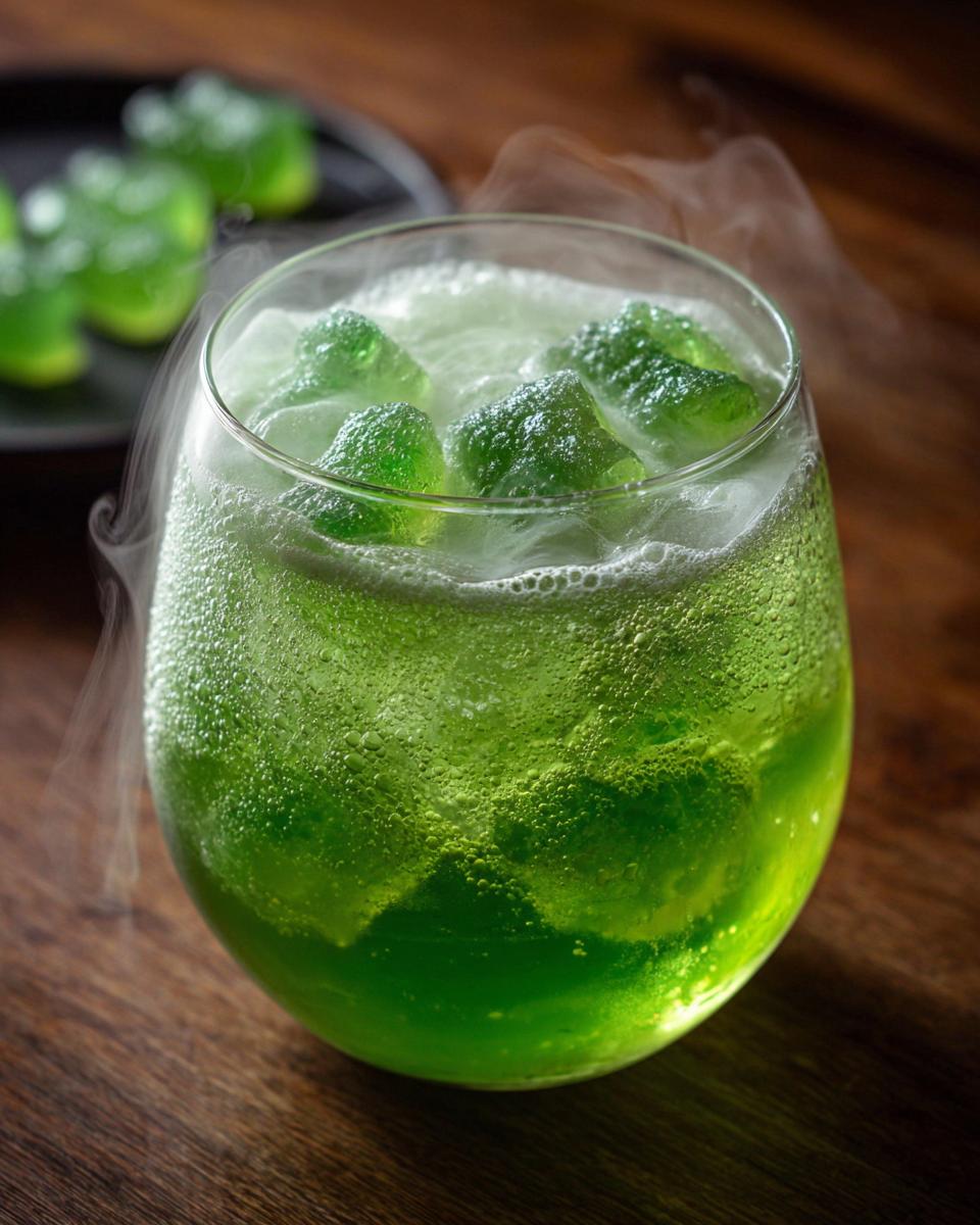 A bubbling green Witches’ Brew Punch for Halloween, filled with ice and gummy worms, with wisps of smoke.