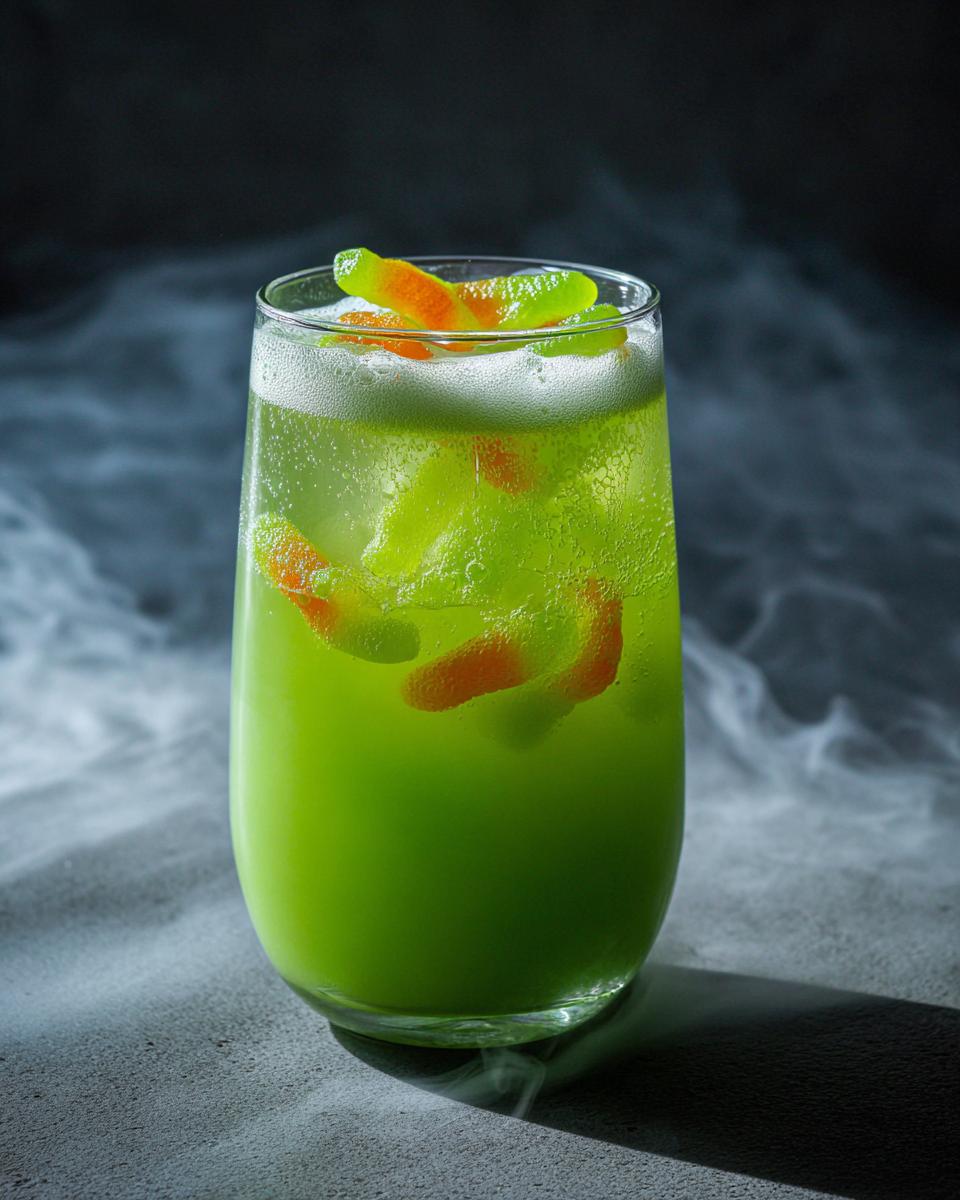 A vibrant green Witches' Brew Punch for Halloween, garnished with gummy worms and surrounded by wisps of smoke.